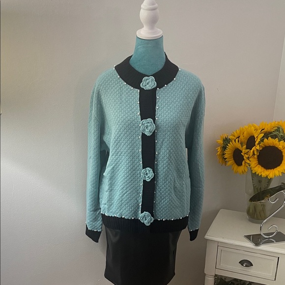 Aqua and Black Flower and Pearl Sweater - Picture 1 of 10